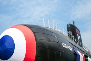 The Suffren ship subsurface nuclear (SSN) submarine during its launch on the launching facility